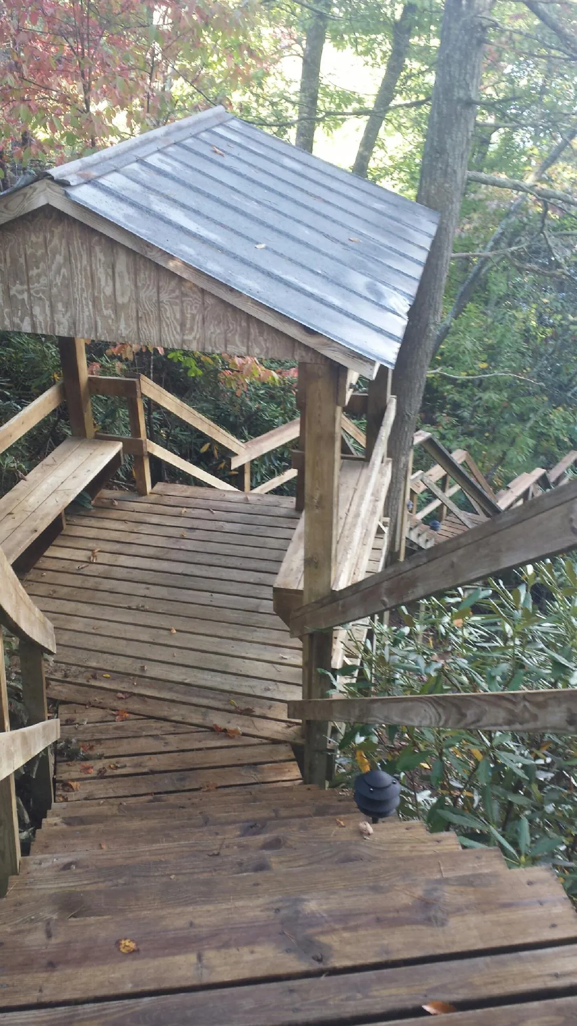 Metal roofed shelter over wooden steps on a wooded walkway — Skylight Repair & Installation work by our crew in Aulander